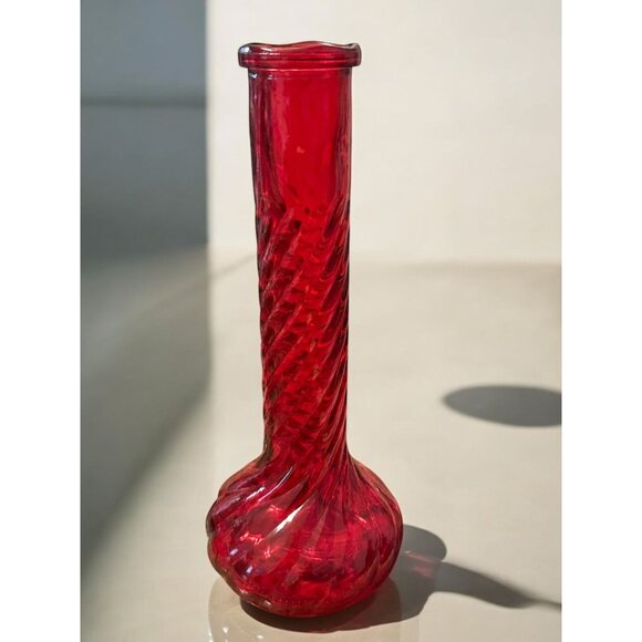 Vintage Ruby Red Glass Bud Vase With Swirl Design - Picture 4 of 6